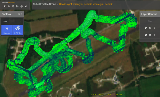 Realtime image path from DLR Vector drone, over Sentinel-2 satellite image, with Green/Red Vegetation Index computed on the fly