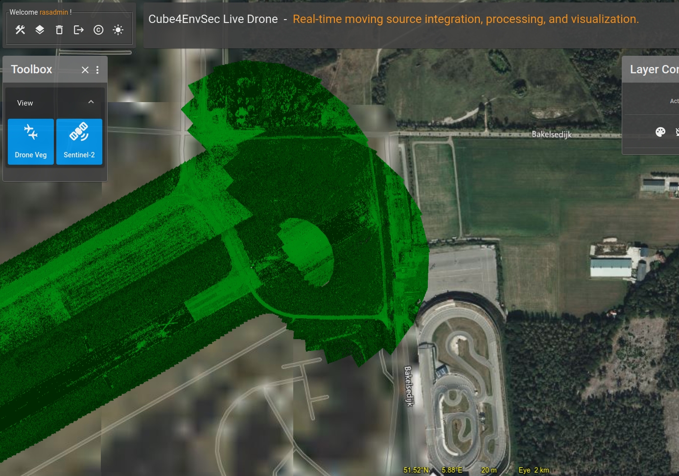 Realtime image path from DLR Vector drone, over Sentinel-2 satellite image, with Green/Red Vegetation Index computed on the fly