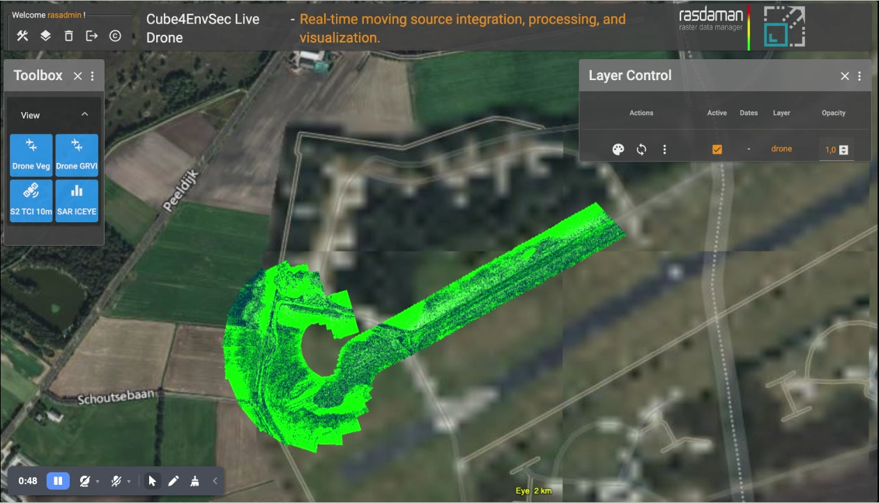 Realtime image path from DLR Vector drone, over Sentinel-2 satellite image, with Green/Red Vegetation Index computed on the fly